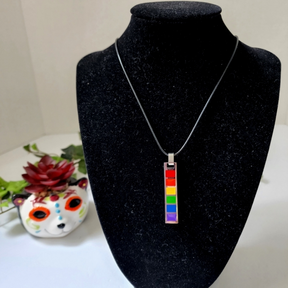 🌈 Silver Rainbow Bar Pendant on Black Leather Necklace